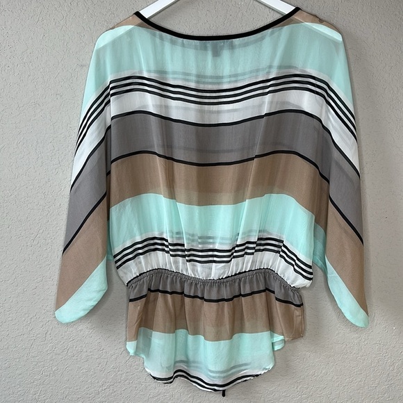 Karen Kane 100% Silk Mint Khaki Black Multi Striped Tie Waist Kimono Top Size M - Picture 6 of 11